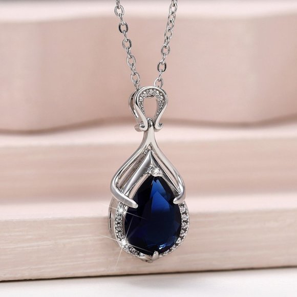 🎁 Silver Plating Blue Crystal Water Drop CZ Necklaces for Women HA4470